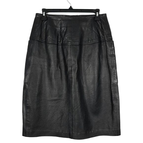 Vintage 90's West Bay Lamb Napa Leather High Rise Snap Front Skirt Black Size 10 - Picture 2 of 7
